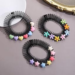 5 Pcs Stretch Hair Comb Headband for Girls, Flexible Circular Hair Bands with Cute Cartoon Designs, Non-Slip, Lightweight, Colorful Hair Accessories - Multi Design.-picture-41