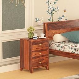 Solid Sheesham Wood Grooved Bedside Table with 3 Drawer Storage for Bedroom Night Stand Tables (Honey Finish)-image-70