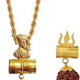 Religious Lord Sun Shiv Shankar Mahadev Mahakal Trishul Damaru Rudraksha Bead Locket Gold Brown Brass,Wood Pendant Rope Chain NecklaceFor Men and Women-picture-12