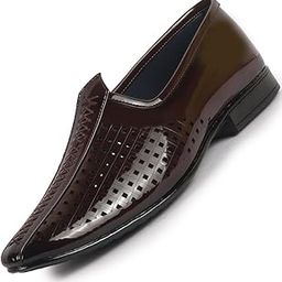 Men's Patent Leather Breathable Traditional Wedding Slip On Ethnic Juttis and Mojaris|Party Slip On Evening Shoes|Striped Mojaris-image-47