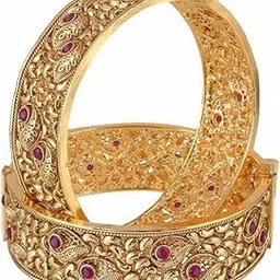 adwitiya collection Women Gold-Plated Red Stone-Studded Temple Bangles-picture-8
