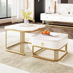Fun Shelf Modern Marble Look Square Coffee Table Set of 2 Piece, Nesting Stacking Tea Table Luxurious Center Table with Storage Drawer Perfect for Living Room (Gold & White)-6