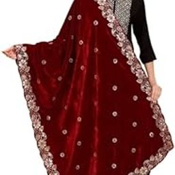 Women's Embroidered Zari Velvet Dupattas 2.25 MTR || Border Work Dupatta || Royal Dupatta for House Warming Pooja Ceremony Bridal Wedding-image-1