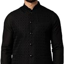 Men's Nehru Jacket, Black Jacquard, Floral Regular Fit Mandarin Collar Sleeveless-image-14