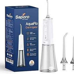AquaFlo Water Dental Flosser for Teeth - 300ml Large Detachable Tank - Cordless, Portable & Rechargeable Dental Flosser Teeth Cleaner - IPX7 Waterproof - Removes Plaque & Protects Gums - 2 Nozzle Tips-87
