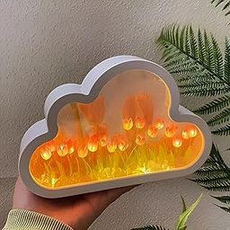 Granthi Enterprise Romantic Cloud Mirror Flower Tulip Mirror Lamp – Acrylic Decorative Mirror with Tulip & Leaves – Kids Room, Nursery, & Home Art – Desk Lamp Night Lamp (DIY)-1