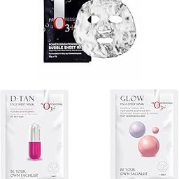 O3+ Power Brightening Bubble Sheet Mask for Deep cleansing and glowing skin & O3+ Facialist Dtan Face Sheet Mask With Niacinamide reduced dark spots, acne scars, and discoloration while giving ultimate brightening & O3+ Facialist Glow Sheet Mask Hydrates and awakens skin Minimized brown spots and Freckles (30g)-1