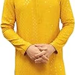 Men's Sequin Embellished Chikankari Kurta Only - Yellow Color for Haldi/Festival/Temple Function-picture-2