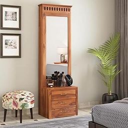 Solid Sheesham Wood Dressing Table with Mirror & 3 Drawers, & 1 Door Storage for Living Room Bedroom Wooden Vanities for Home (Natural Finish)-26