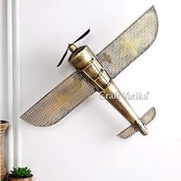 CraftVatika Metal Aeroplane Wall Hanging Table Top Showpiece Decorative Vintage Retro Plane Statue Wall Art , Golden, 23 Inch-image-0