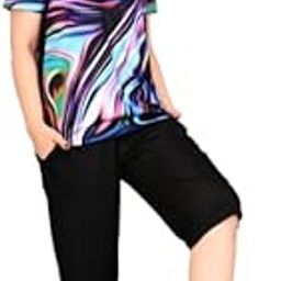 Multicolour Abstract Print T-Shirt with Black Capri, Soft & Durable Polyester Swimsuit-picture-3