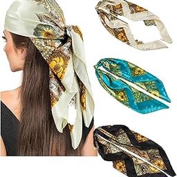3PCS Head Scarf for Women, 35 Inch Square Silk Bandanas for Women, Silk Scarf for Women Hijab, Fashion Silk Feeling Scarves for Women, Silk Hair Scarf for Women (Black White Blue)-image-61