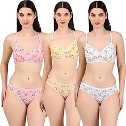 Women's Pack of 3 Full Coverage Non Wired Padded Cotton Blend Printed T-Shirts Bra Panty Set | Sexy & Comfortable Dailywear Lingerie Set-image-94