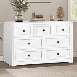 GF Furniture White 7-Drawer Dresser for Bedroom, Modern Wooden Storage Chest, Wide Clothes Organizer Cabinet with Black Knobs, Contemporary Design for Home, Hallway or Entryway-image-96