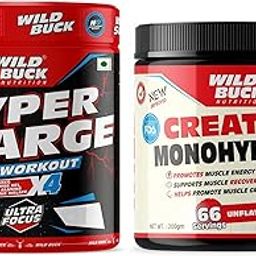 WILD BUCK Hyper Charge Pre-X4 Hardcore Pre-Workout Supplement Powder Creatine Monohydrate, Men & Women [40 Serv, Green Apple] + Monohydrate Powder,Athletic Per Mance [66 Servings, Unflavoured]-23