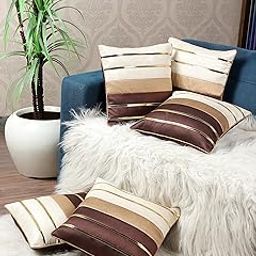 Gifts Island Polyester Set Of 5 Cushion Covers 16 Inch X 16 Inch 3D Golden Striped Brown-Beige Throw Pillow/Cushion Covers (40.64 X 40.64 Cm Brown), 350 TC-image-113