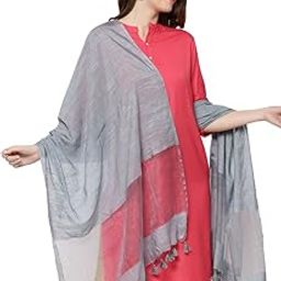 Women's Linen Grey Dupatta with Organza Border and Tassels.-image-59