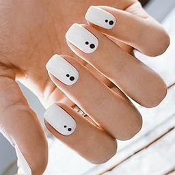 Set Of 14Pc, Press-On Short Square Glossy White And Black Dots Design, Nail Extensions With Free Glue Kit-image-94