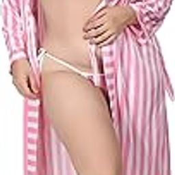 Women's Satin Stripe Nightwear Robe with Bra Panty Lingerie Set (Free Size - 28 to 34)-image-91