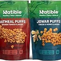 Natible Roasted Puffs (Combo Pack Of 2, Each 70gms Oatmeal Spanish Tomato & Pack Of 2, Each 60 Gms Jowar Cheese & Herbs Puffs) Roasted Snacks for Kids, Adults-image-7