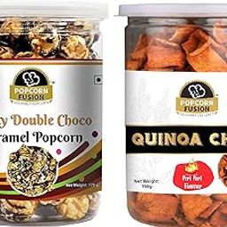 Popfusion Gourmet Popcorn & Quinoa Chips - Nutty Double Choco Caramel Popcorn 170gm and Quinoa Chips Peri Peri 150gm, Low Fat Gluten Free Snacks with Airtight Glass Jar - Combined Weight 320gms-image-7