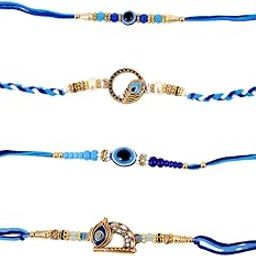 Evil Eye Protection Rakhi Set, Traditional Silver-Plated, 20 cm, Pack of 4, Blue.-image-91