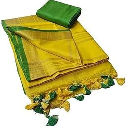 Women's Solid/Plain Handloom Cotton Linen Saree (Yellow) Gold-Yellow-Green-image-35