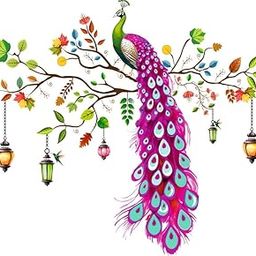 PIXEL GRAPHICS Peacock Wall Sticker, Colourful Wall Art Decal with Hanging Lanterns, Decorative Sticker for Living Room-image-60