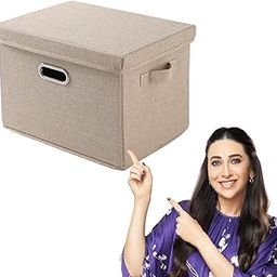 HOKIPO Multipurpose Storage Box with Lid for Wardrobe, Home and Office, Beige, Medium,Pack of 1 (AR-4369-M), Polyester Linen-picture-14