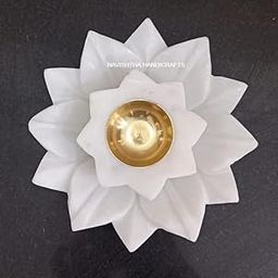Rajasthan Art Rich White Marble Or Brass Traditional Beautiful Lotus Shape Marble Diya for Home Decor 3 inch with White Lotus Bowl Plate with Polish Size 6 inch-image-13