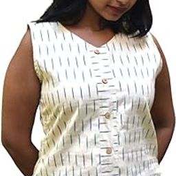 Women's Ikkat Cotton Waistcoat Top, V-Neck, Sleeveless Buttoned Crop Top-15