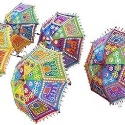 Multicolor Rajasthani Handmade Embroidery Sun Protection Umbrella Walking Stick Parasol Wedding Party Decoration Items (Set of 5)-image-46