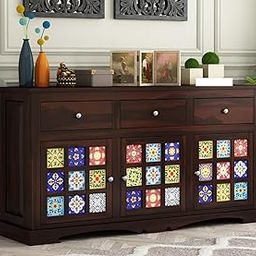 Shyama Home Style Solid Sheesham Wood Wooden Cabinet Sideboard with 6 Shelves and 3-Door Storage (Boho,Walnut)-image-56