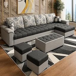 Sleepify Carlino Fabric 8 Seater RHS L Shape Sofa Set with 1 Centre Table & 2 Puffy (Light Grey-Dark Grey Color)-picture-23