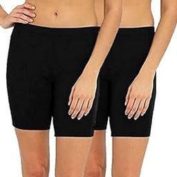 Ladies Cycling Shorts Mid Thigh Length Inner Slips Underskirts Jeans Boyshort 4 Way Stretch Cotton Lycra Fabric Upper Thigh Length Pack of 2 Black-image-53