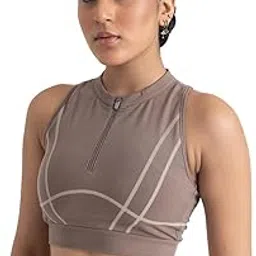 hunnit 2 in 1 Sports Bra Crop Top for Women with Front Zipper| High Neck Racerback Sports Bra| Medium Coverage| Lightly Padded| Stretchable Sports Bra for Gym Workout| Sweat Wicking Fabric-picture-48
