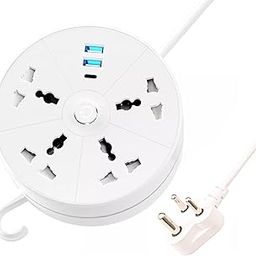 EMBOX Rotary Extension Board with USB C USB A Extension Board with Switches Universal Sockets LED Indicator-5 mtr Extension Cord, Multi Plug Socket with Safety Shutter(4 Sockets + 3USB Retractable)-25