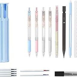 Hexagonal Pencil Box with Standing Pen Holder | Multi-Function Writing Case with Ruler, Gel Pens, Eraser & Refills | Ideal Gift for Boys, Girls, Students (Blue)-image-56