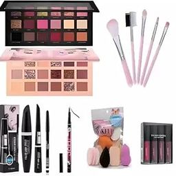 SKINPLUS ROSE GOLD EYESHADOW + NUDE 18 COLOR + 36H EYELINER + MATTE MINI LIPSTICK+ 5 PC. BRUSH+PUFF SET+ BLACK EYELINER (COMBO PACK) (7 Items in the set)-13