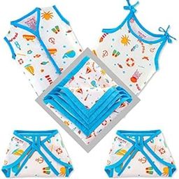 BUMSIES New Born Baby Combo Cloth Gift Set - 1 Printed Cotton Sleeveless Vest, 1 lace tie Slip, 2 Cotton Cloth Lace Nappy & 1 Double Layer swaddle blanket, Pack of 5 (Aqua Print 0-3 Months)-image-24