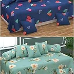 Castiqa Microfiber Unique Patterns Combo of 2 Diwan Set Covers 8 Pcs Set |2 diwan bedsheet, 10 Cushion Covers, 4 Bolster Covers| (Green Floral & Blue Heart)-10