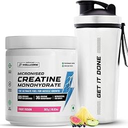 Wellcore Micronised Creatine Monohydrate (83 Servings,Fruit Fusion) + Premium Steel Shaker|Enhanced Muscle Growth & Fast Recovery|Trustified Certified,Powder,2 Count-20