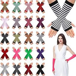20 Pairs Striped Arm Warmers Long Fingerless Winter Gloves Knitted Elbow Length Women Gloves Warm Goth Gloves with Thumb Hole for Costume Accessories, Multicolor, about 12.2 x 3.15 inch-image-56