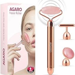 AGARO 3-In-1 Electric Rose Quartz Face Roller, Facial Roller Kit for Face, Eye, Neck, Jade Roller, Anti-Aging Facial Massager for Anti-Wrinkles, Skin Firming and Lifting, (Rose Gold)-0