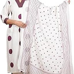 Women's White Cotton Cambric Polka Dot Print Calf Length V-Neck with Kantha Work Detaliing 3/4 Sleeves Straight Kurta with Pant and Duptta (White)-image-97