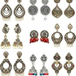 Silver And Gold Earrings for Women fashion Jhumka for Girls | Combo Set of 9 Set |-image-9