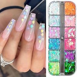 S.A.V.I Heart Nail Art Sequins - 12 Candy Laser Colors | Holographic 3D Nail Glitter for DIY Nail Decoration | Acrylic, Gel & Manicure Nails | Nail Art Accessories for Women & Girls-image-10