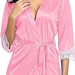 Xs and Os Women Satin Robe Nightwear with Lace Bordered Sleeves (Pink, X-Large)-image-33