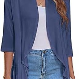 Women's Open Front 3/4 Sleeve Draped Ruffles Knit Cardigan-picture-17