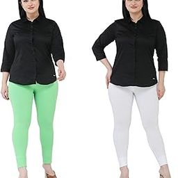 Premium Cotton Body Hugging Ankle Length Legging for Women, Soft and Comfortable Fabric with Elastic Closure, Free Size - Pack of 2pc (Fit Upto 25 to 32 Waist)- Light Green, White-image-77
